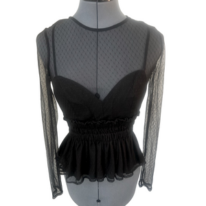 Sahara Black Sheer Mesh Peplum Top Sz M Long Sleeve Sheer Swiss Dot Party Blouse